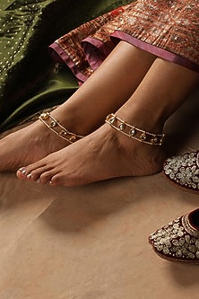 Gold Finish Kundan Polki & Pearl Anklets (Set Of 2)