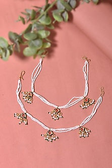 Gold Finish Kundan Polki & Pearl Anklets (Set Of 2)