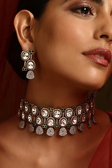 Black Rhodium Finish Kundan Polki Choker Necklace Set