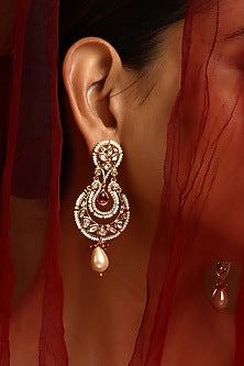 Gold Finish Kundan Polki & Pearl Chandbaali Earrings