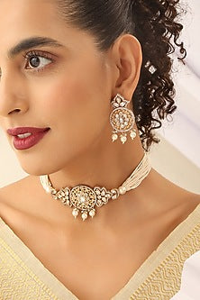 Rose Gold Finish Kundan Polki & Pearl Choker Necklace Set
