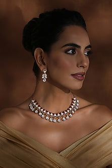 Rose Gold Finish Red Kundan Polki Handmade Necklace Set