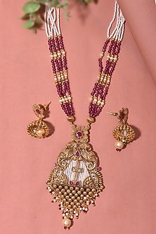 Gold Finish Shell Pearl Long Necklace Set
