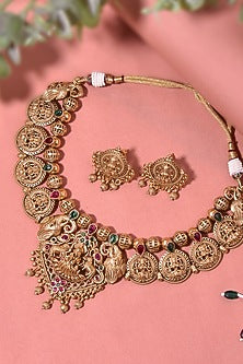 Gold Finish Multi-Colored Stone Temple Necklace Set