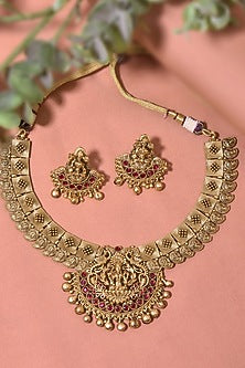 Gold Finish Multi-Colored Stone Temple Necklace Set