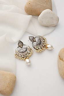 Gold Finish Silver Kundan Polki Handcrafted Chandbali Earrings