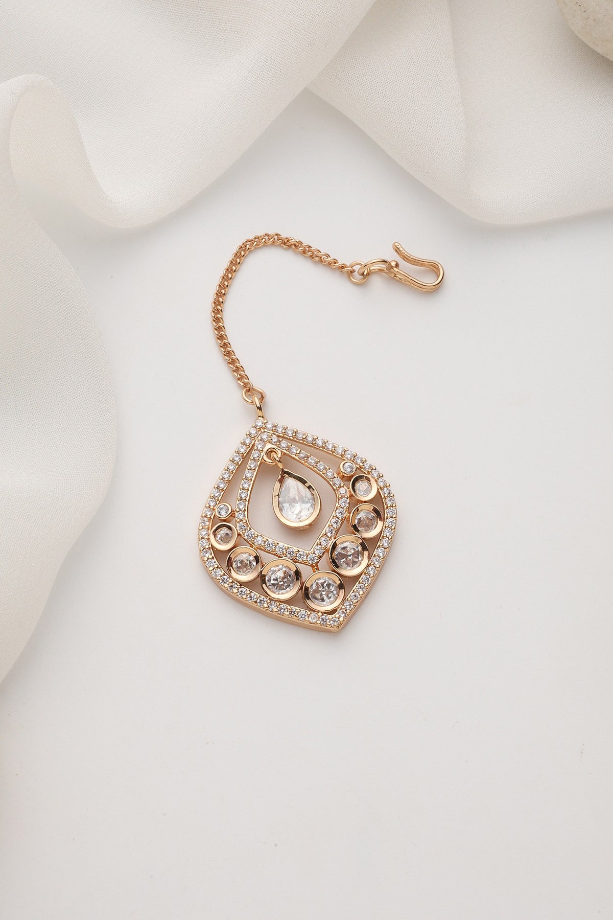 Rose Gold Finish Kundan Polki Handcrafted Maangtikka