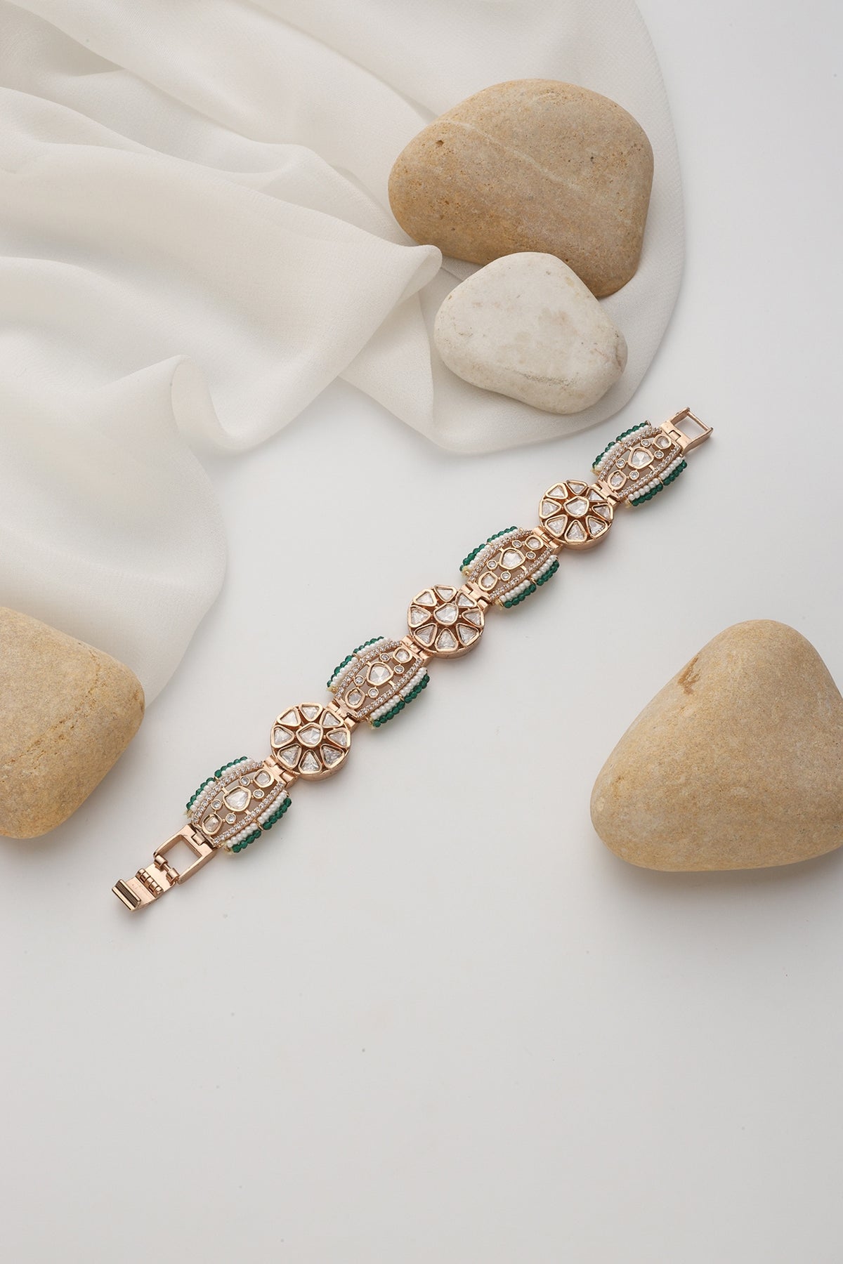 Rose Gold Finish Green Kundan Polki Handcrafted Openable Bracelet