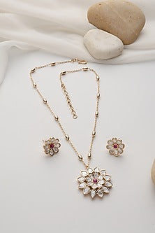 Rose Gold Finish Red Kundan Polki Handcrafted Pendant Necklace Set