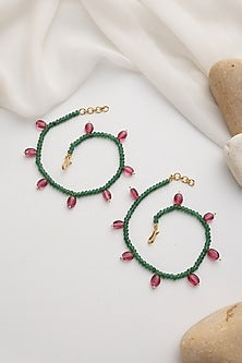 Gold Finish Green & Red Beaded Handcrafted Anklets (Set Of 2)