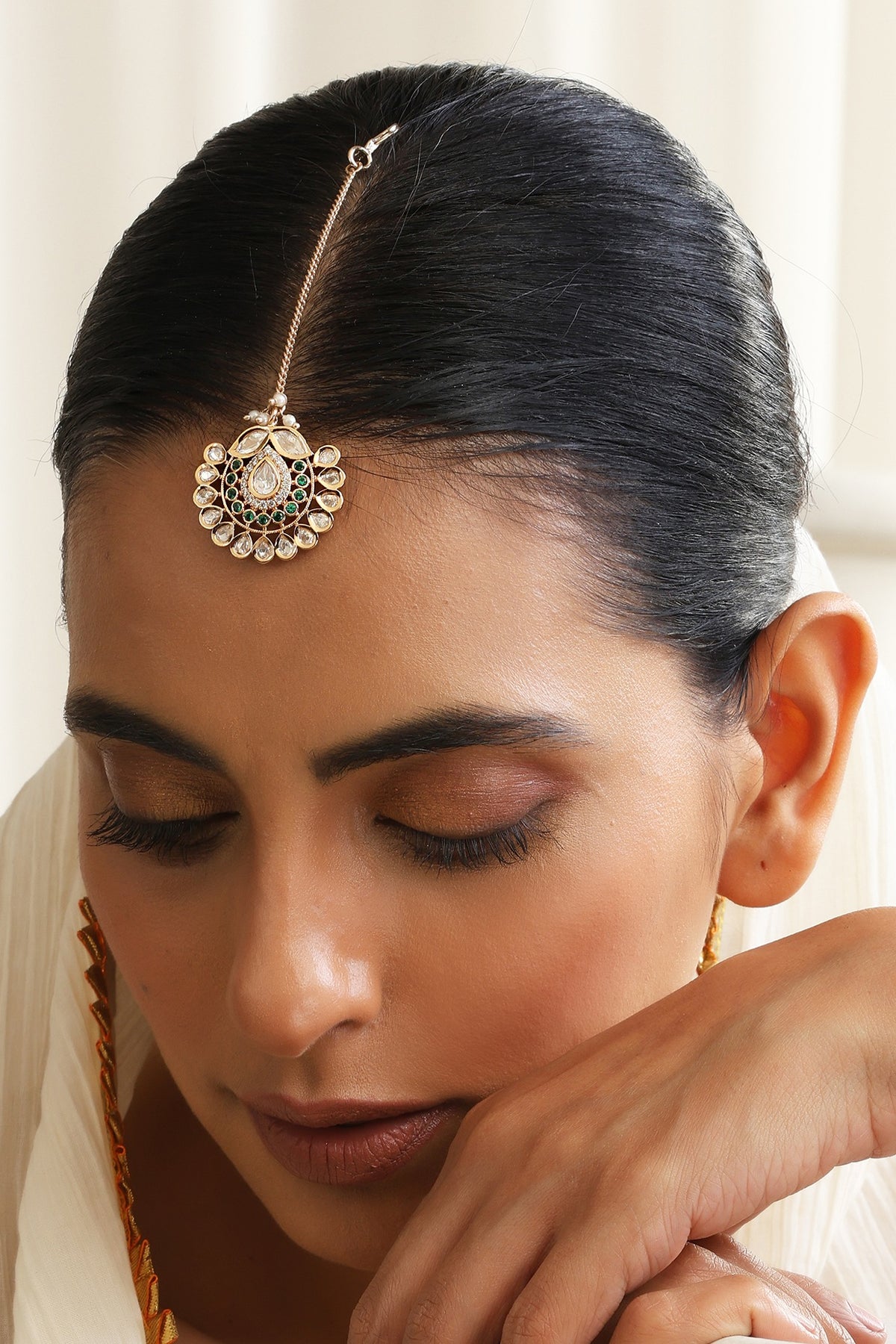 Rose Gold Finish Green Kundan Polki Maangtikka