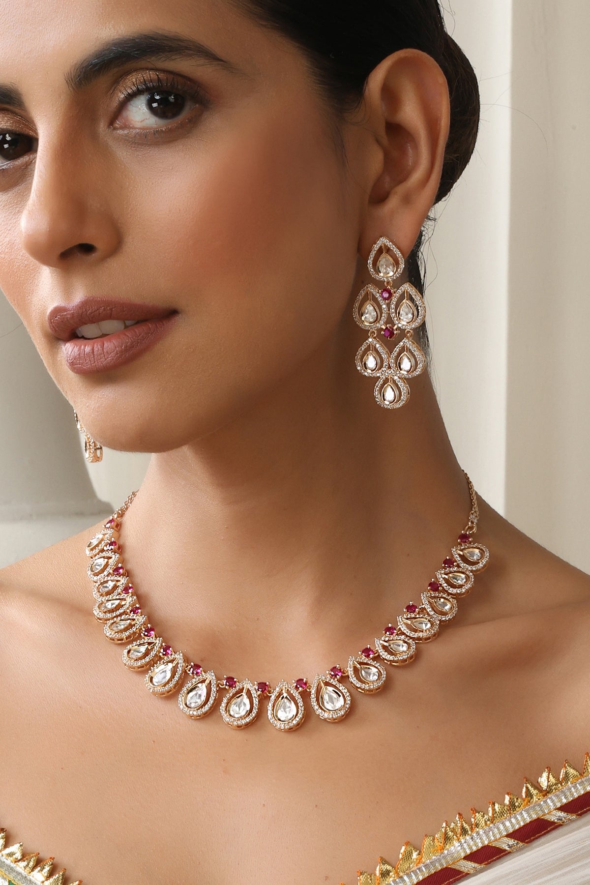 Rose Gold Finish Red Kundan Polki Necklace Set