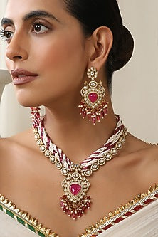 Gold Finish Red Kundan Polki Layered Necklace Set