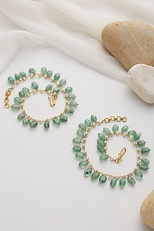 Gold Finish Mint Beaded Anklets (Set Of 2)