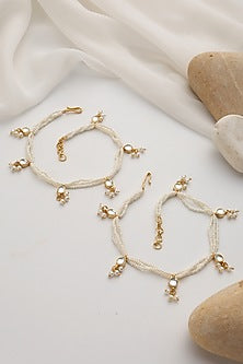Gold Finish Kundan Polki & Pearl Anklets (Set Of 2)