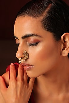 Gold Finish Kundan Polki & Pearl Nose Ring