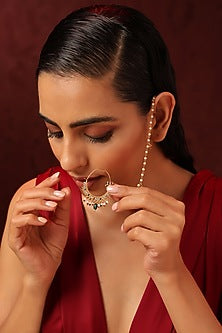 Gold Finish Kundan Polki & Pearl Nose Ring