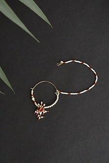 Gold Finish Kundan Polki & Pearl Nose Ring