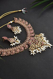 Gold Finish Kundan Polki & Pearl Long Necklace Set