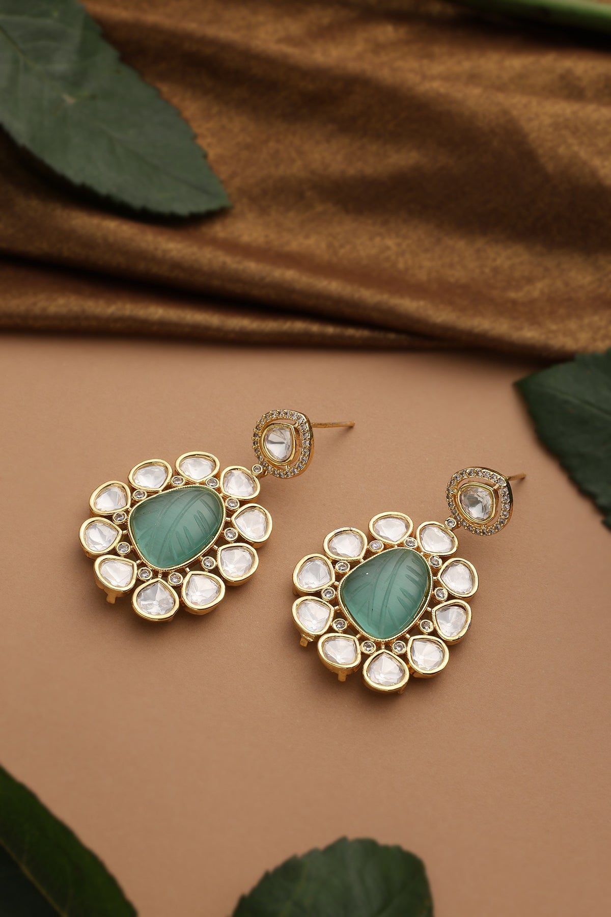 Gold Finish Mint Kundan Polki Dangler Earrings