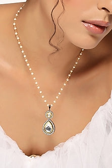 Black Rhodium Finish Grey Kundan Polki Pendant Necklace
