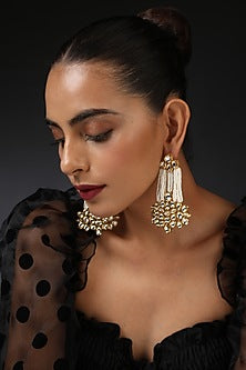 Gold Finish White Kundan Polki & Pearl Handcrafted Dangler Earrings