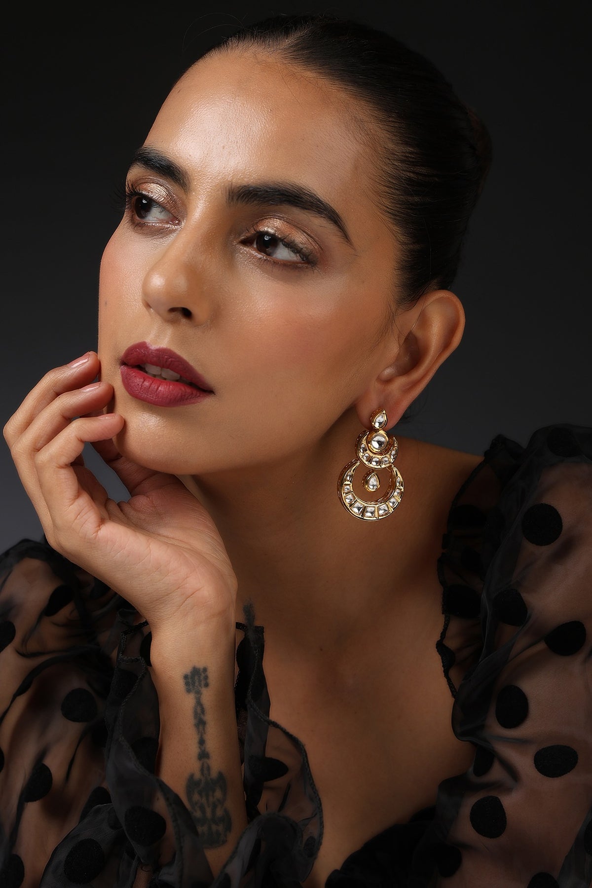 Gold Finish Kundan Polki Handcrafted Chandbali Earrings