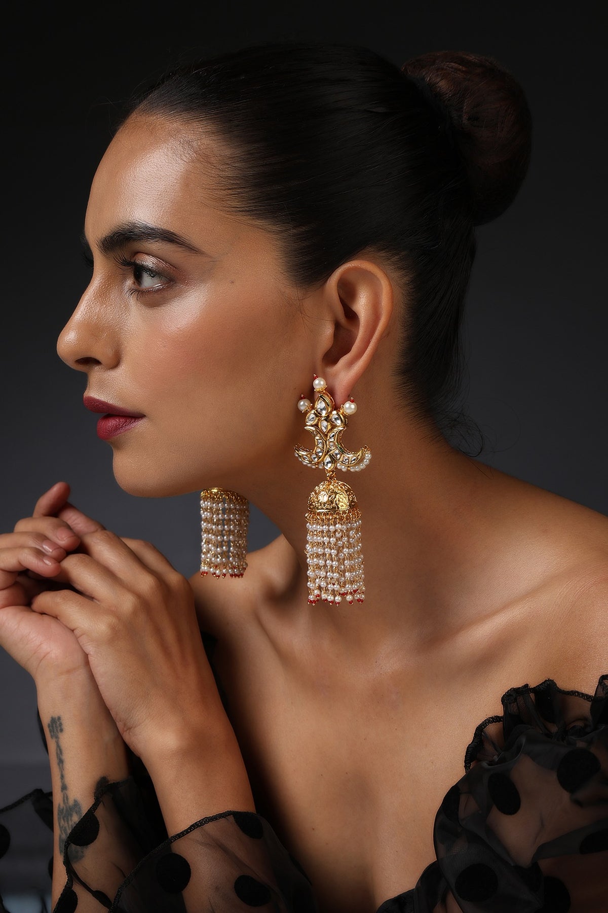Gold Finish Kundan Polki Handcrafted Jhumka Earrings