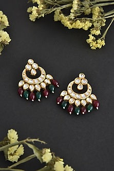 Gold Finish Kundan Polki Handcrafted Chandbali Earrings