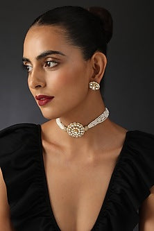 Gold Finish Kundan Polki & Pearl Handcrafted Choker Necklace Set
