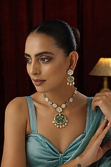 Gold Finish Mint Kundan Polki Handmade Pendant Necklace Set