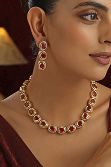 Gold Finish Red Kundan Polki Handmade Necklace Set