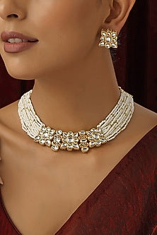 Gold Finish White Kundan Polki Choker Necklace set
