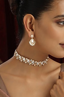Rose Gold Finish Kundan Polki Handmade Choker Necklace Set