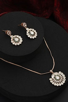 Rose Gold Finish Green Kundan Polki Handmade Pendant Necklace Set