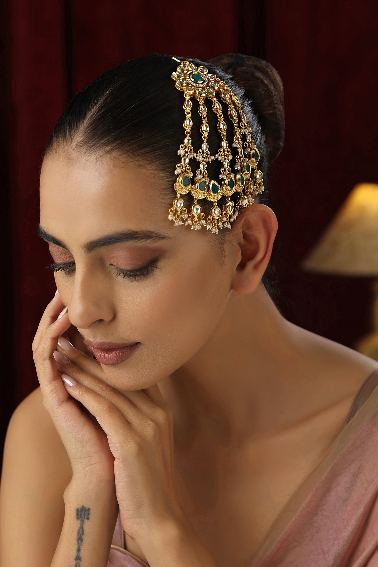 Rose Gold Finish Green Kundan Polki Handmade Pasa