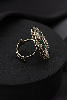 Gold Finish Green Kundan Polki Adjustable Ring
