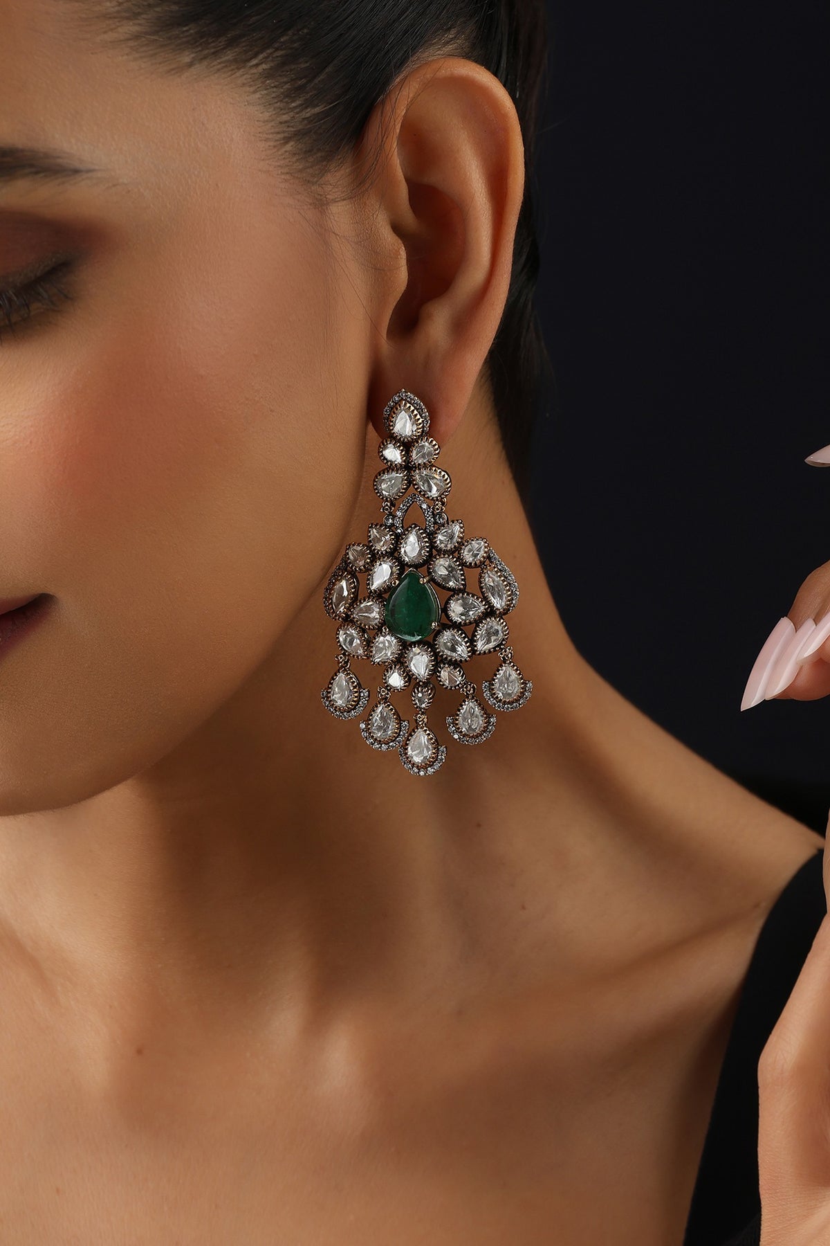 Gold Finish Green Kundan Polki Dangler Earrings