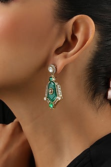 Gold Finish Green Kundan Polki Dangler Earrings