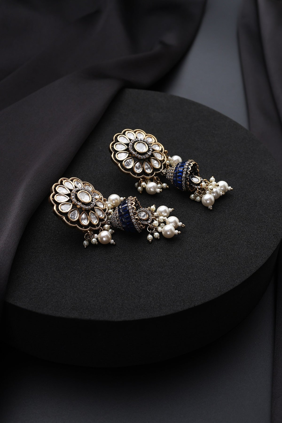 Gold Finish Blue Victorian Kundan Polki Jhumka Earrings