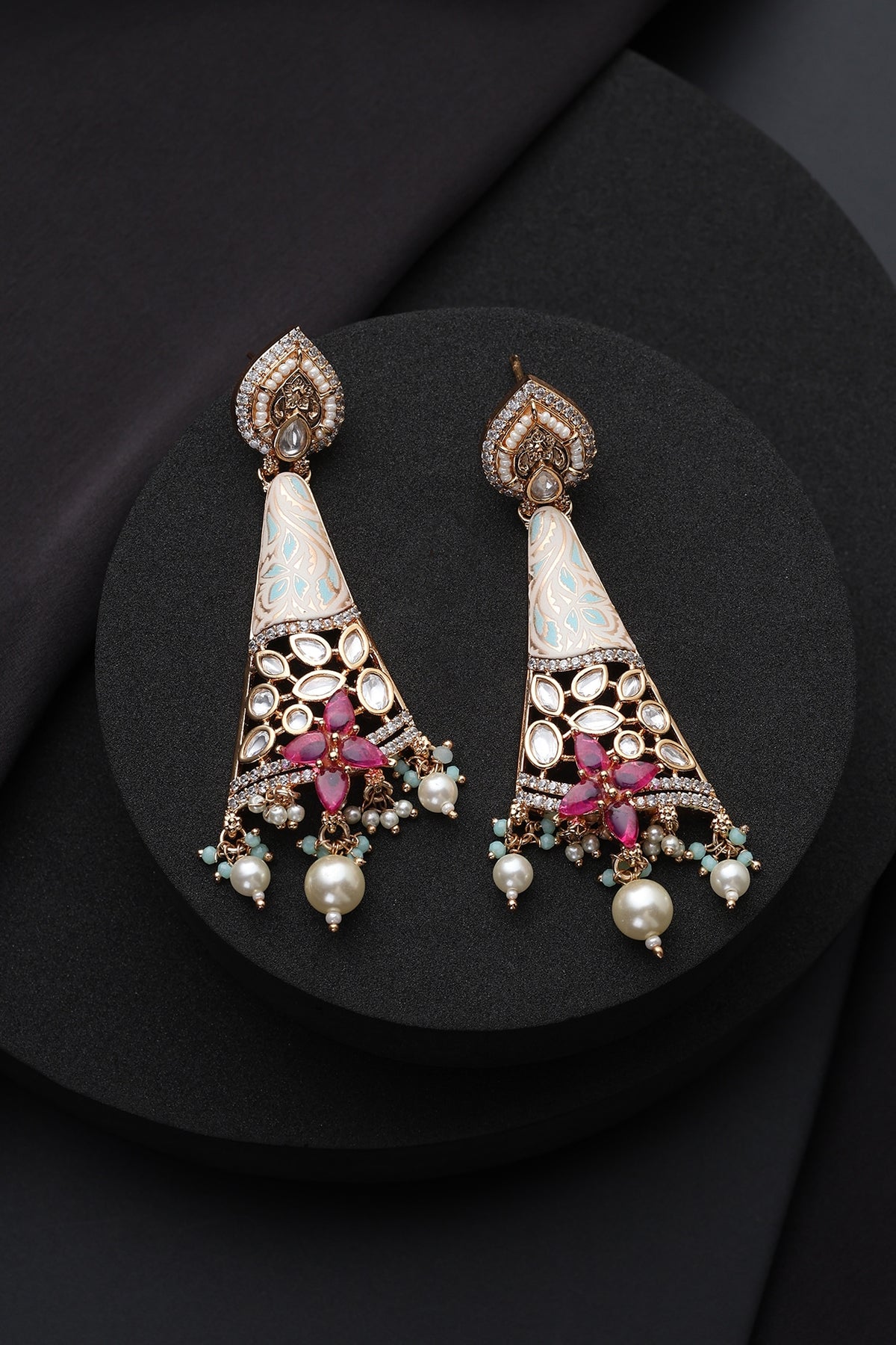 Rose Gold Finish Red Kundan Polki Dangler Earrings