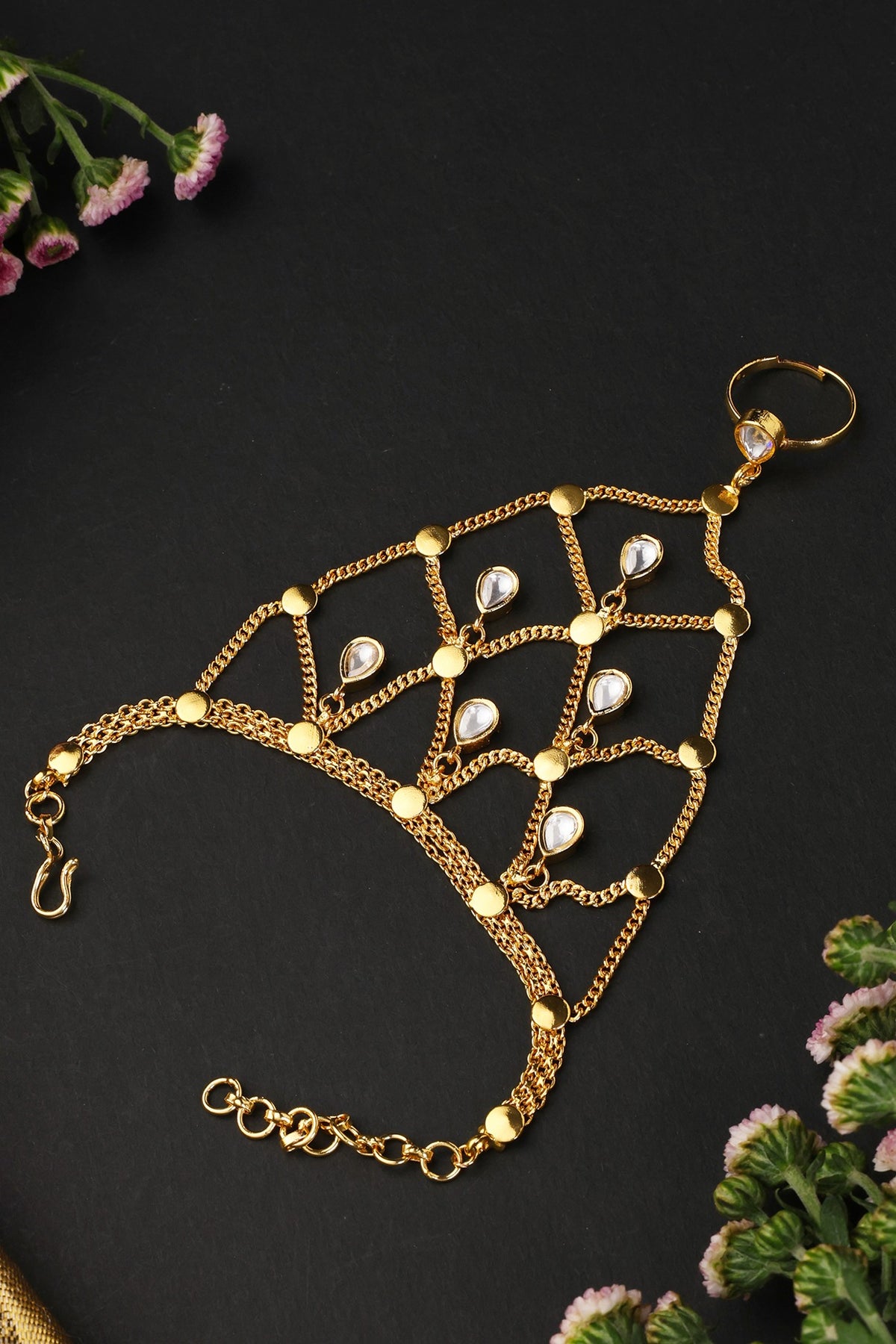 Gold Finish Kundan Polki Handcrafted Haathphool