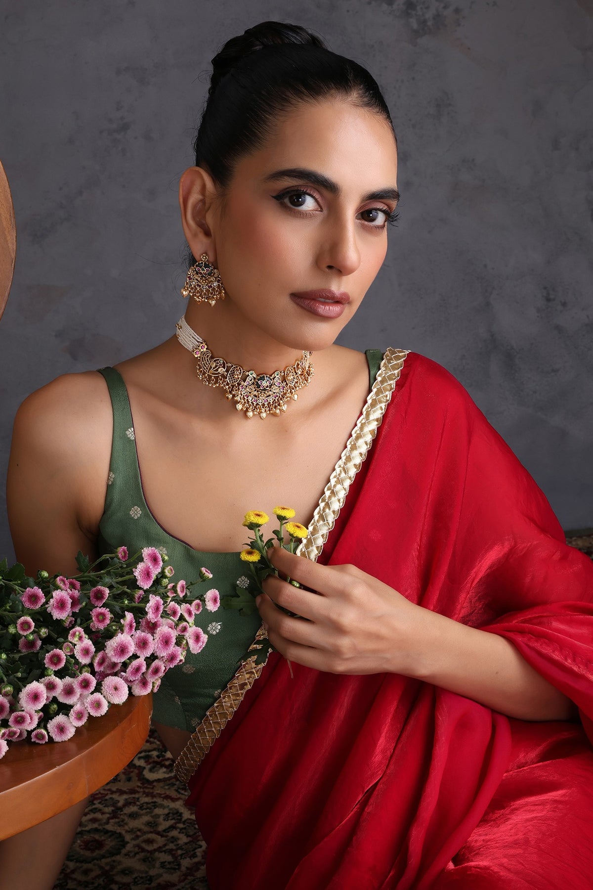 Gold Finish Multi-Colored Kundan Polki Handcrafted Temple Choker Necklace Set