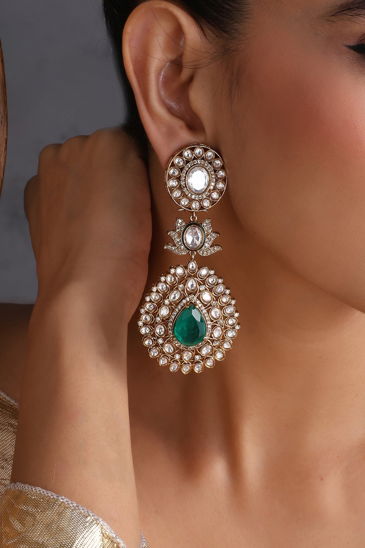 Gold Finish Kundan Polki & Emerald Stone Handcrafted Dangler Earrings