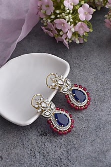 White Finish Blue Synthetic Stone & Zirconia Dangler Earrings