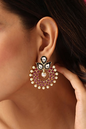 Gold Finish Red Kundan Polki Dangler Earrings