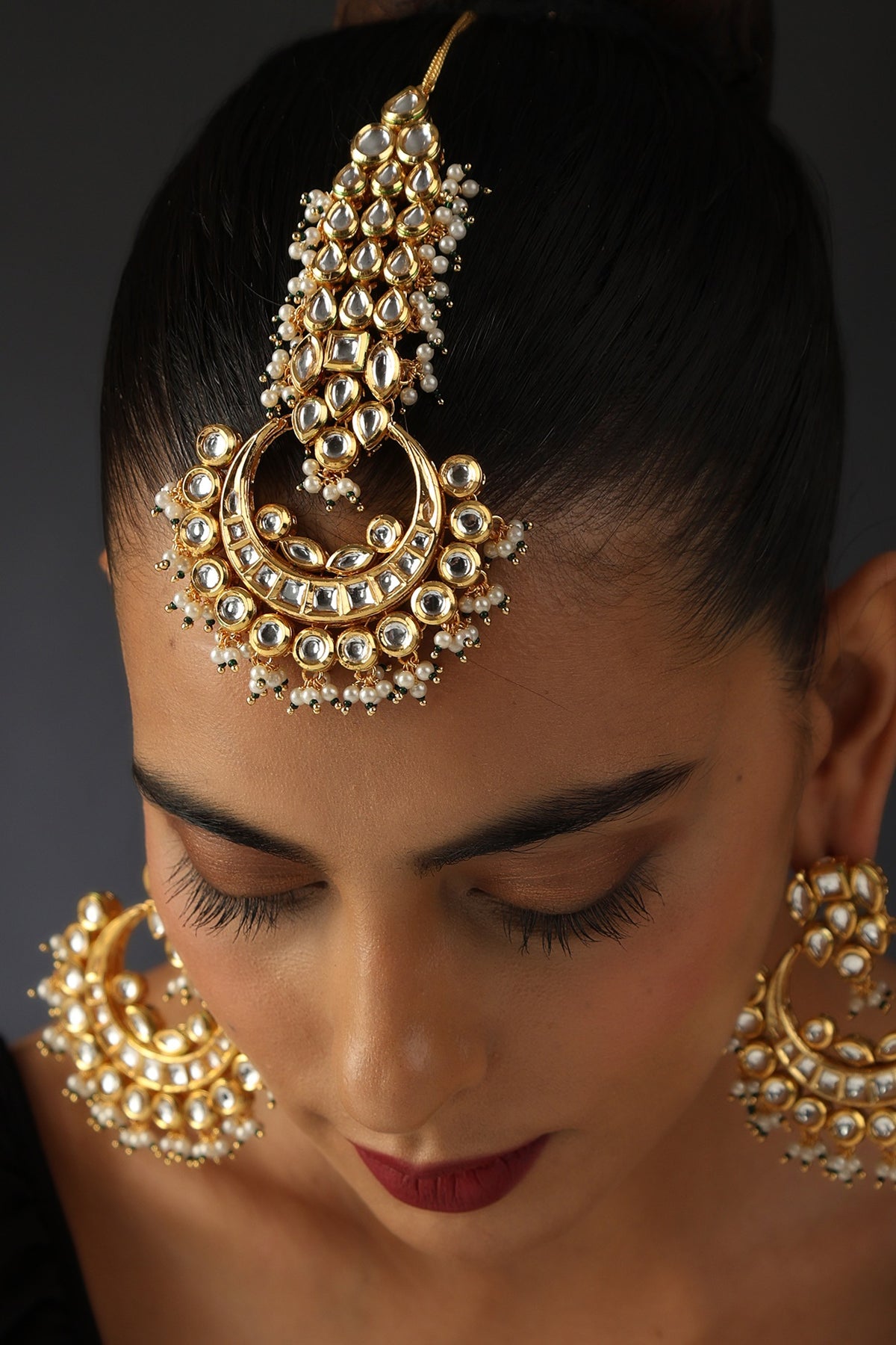 Gold Finish Synthetic Stone & Kundan Polki Earrings With Maangtikka