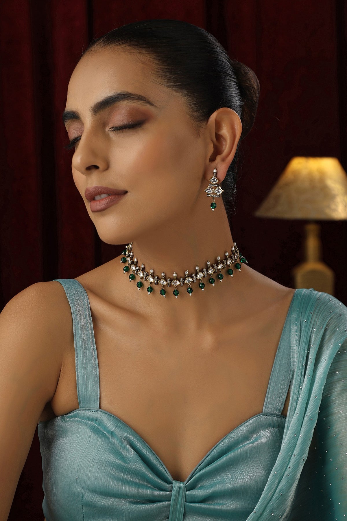 Gold Finish Green Kundan Polki Handmade Choker Necklace Set