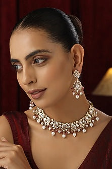 Rose Gold Finish Red Kundan Polki Handmade Choker Necklace Set