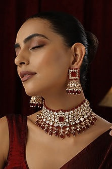 Rose Gold Finish Red Kundan Polki Handmade Choker Necklace Set